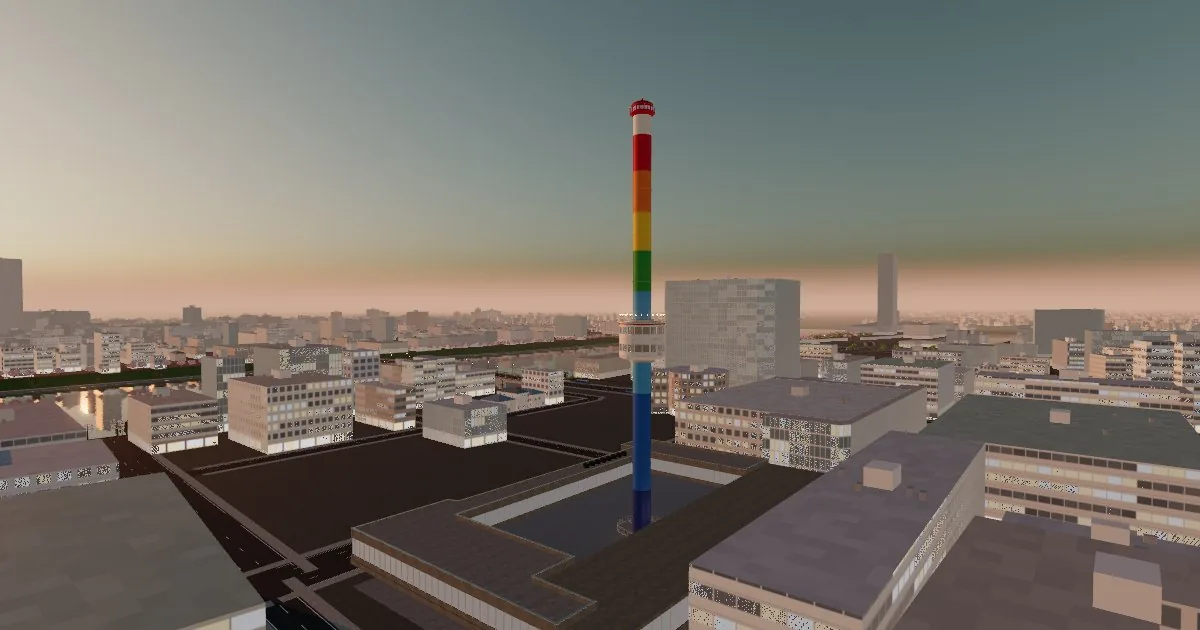 夕暮れの新潟・万代に立つ虹色のレインボータワー（3D再現）