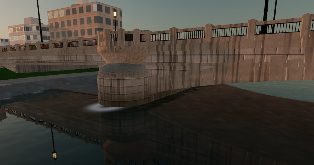 汚れと水際の藻の帯が付いた萬代橋の橋脚（3D再現）