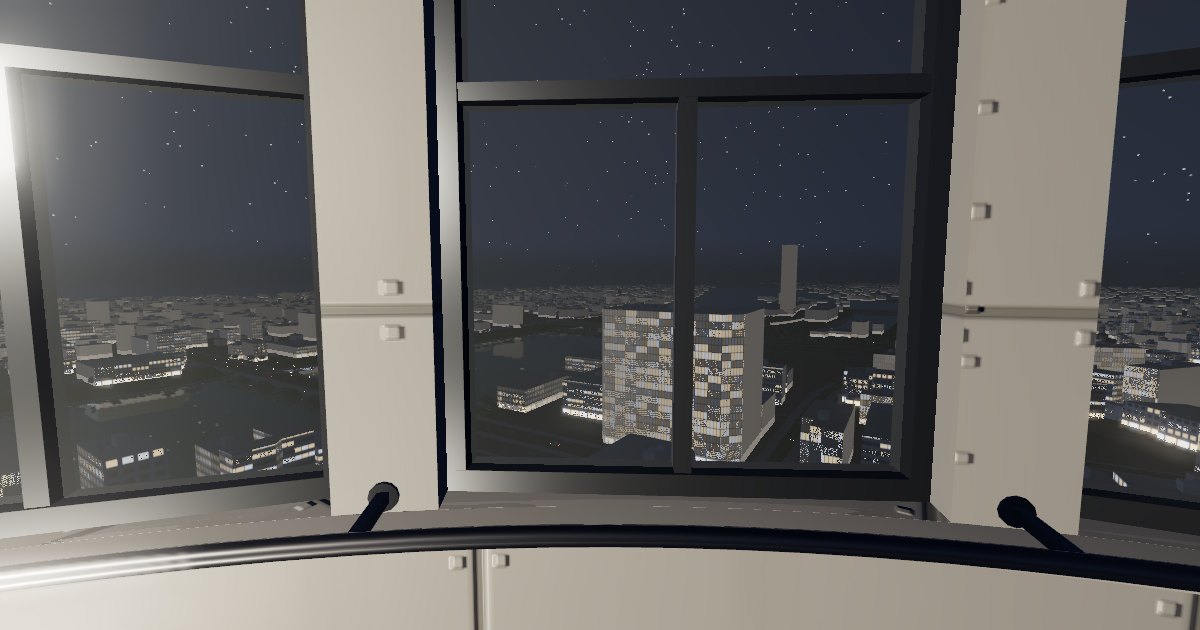 夜の展望室から見た新潟の街（3D再現）