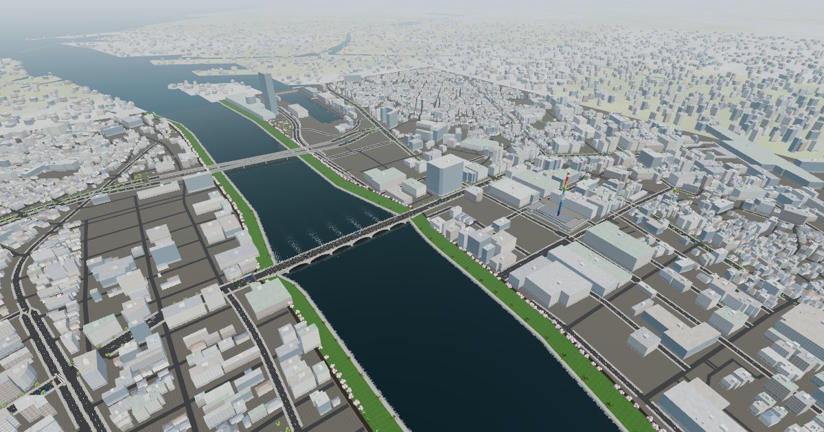 上空から見た信濃川・萬代橋と新潟の街（3D再現）