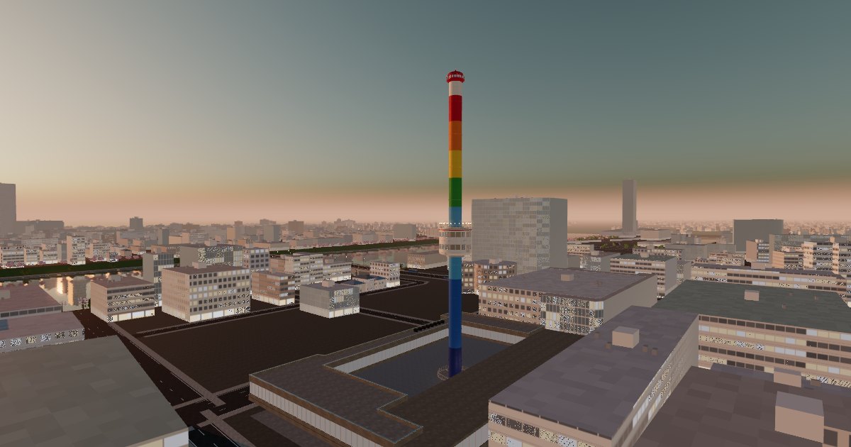 夕暮れの新潟・万代に立つ虹色のレインボータワー（3D再現）