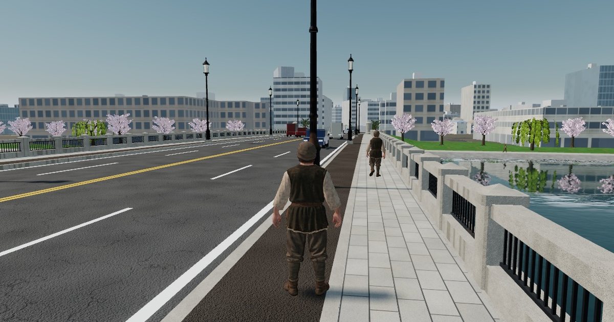 萬代橋の歩道を歩く人たち（3D再現）