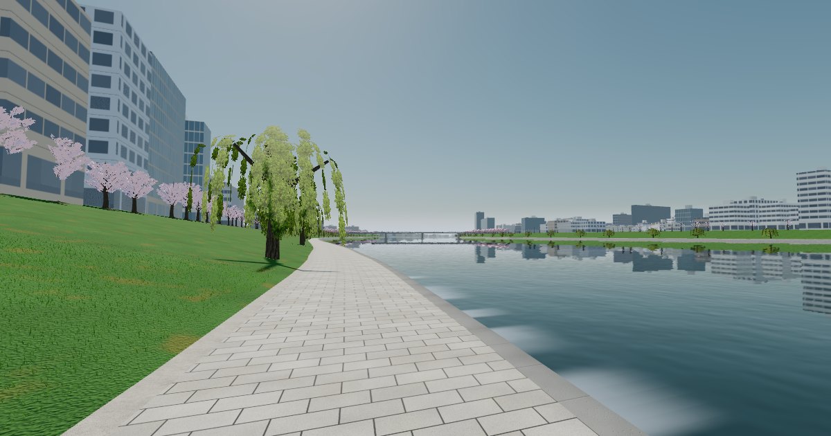 やすらぎ堤の水際の遊歩道と桜・柳（3D再現）